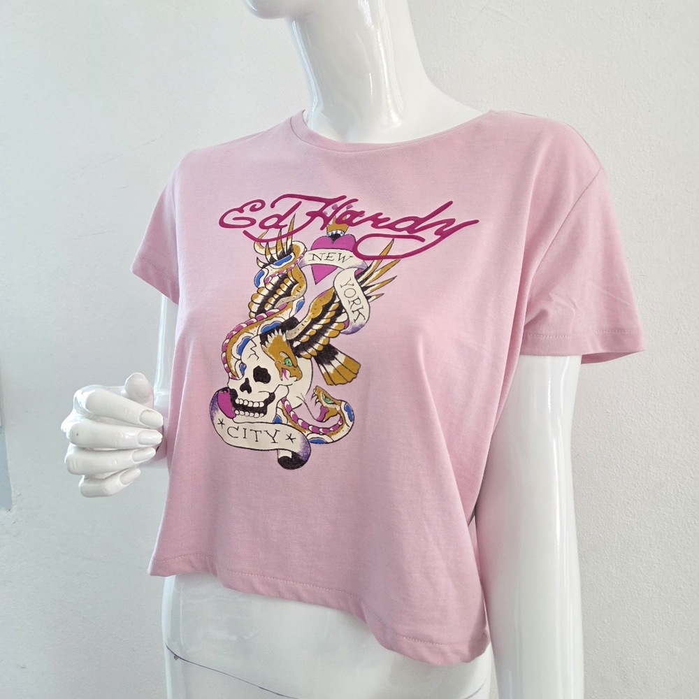 Y2K Ed Hardy Light Pink Snake Skull Tattoo Graphic Art XLarge Cropped Tee NYC - Picture 4 of 15